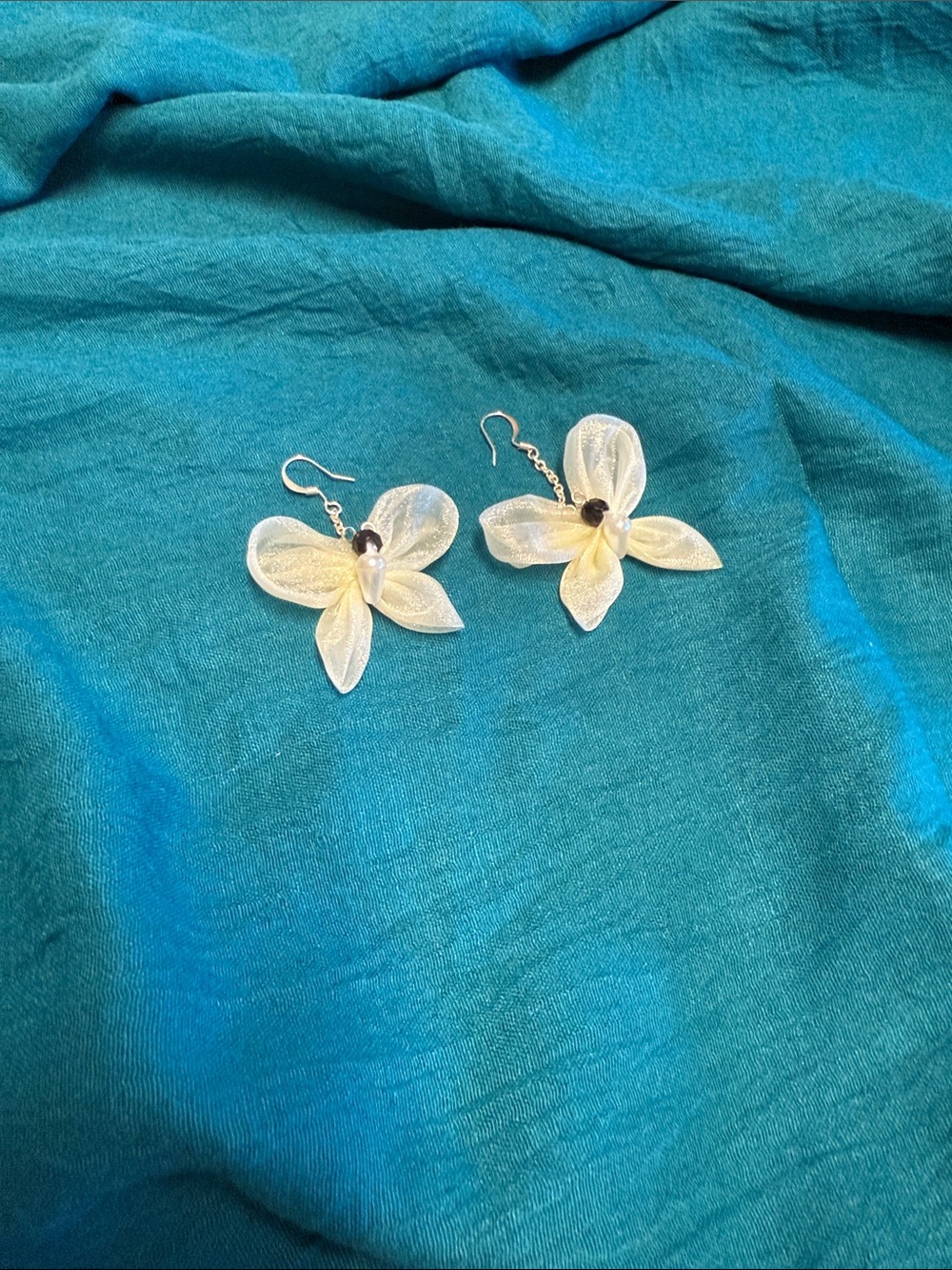Artisan Hand Crafted Cream Floral Drop Earrings with Silver Hooks